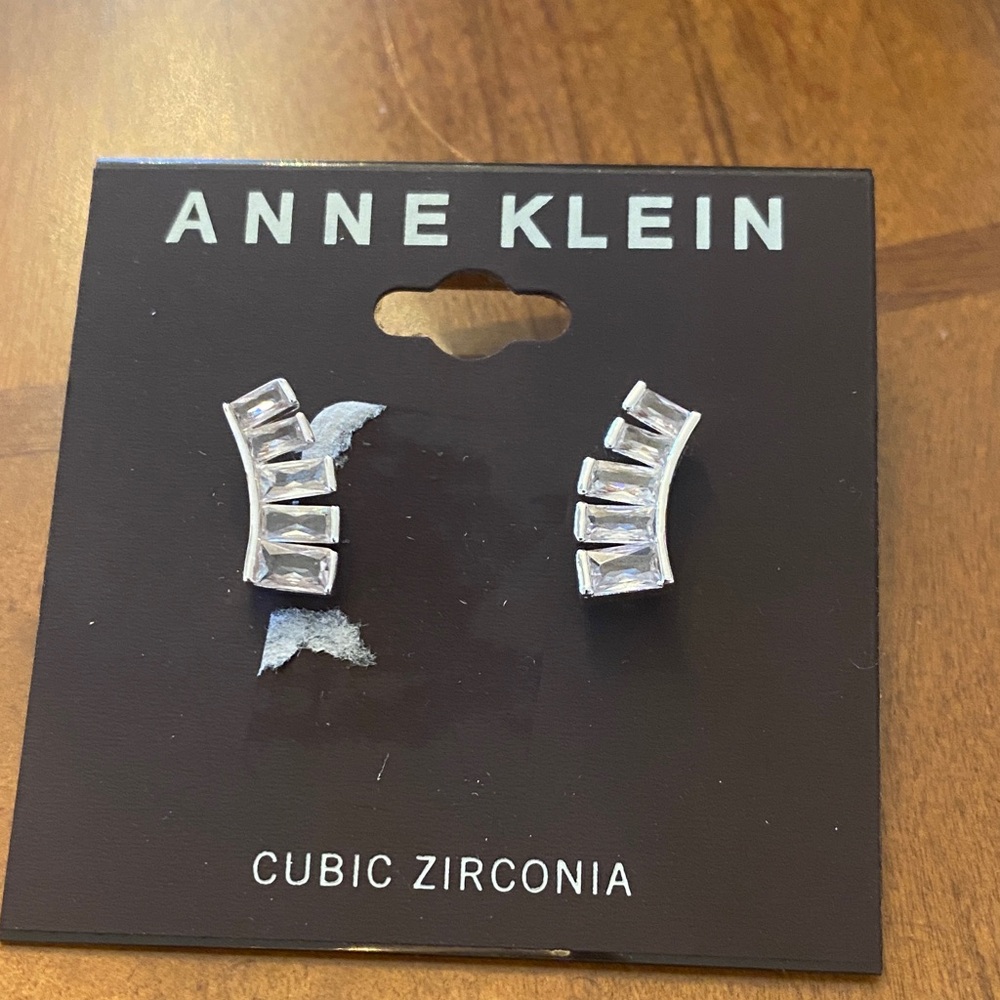SOLD - Anne Klein Silver Cubic Zirconia Curved Earrings